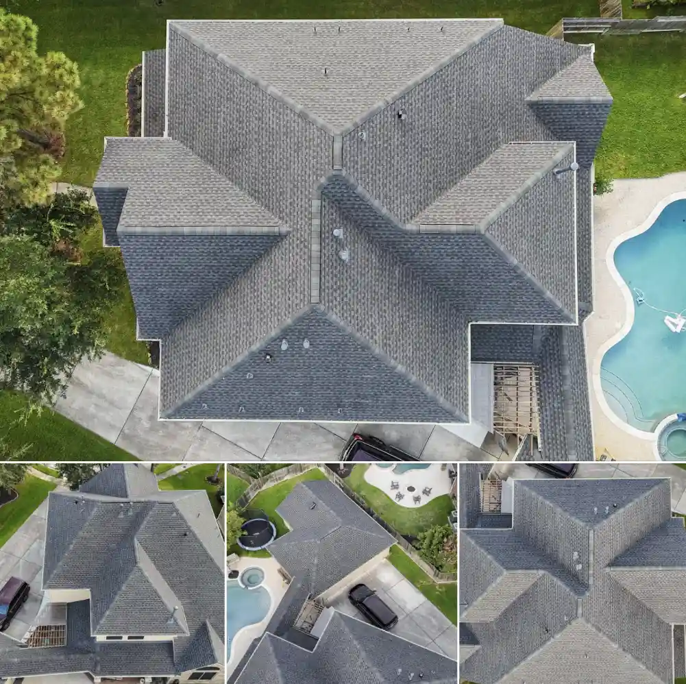 Aerial view of Class 4 impact-resistant shingle roof by trusted Bismarck Roofing Company