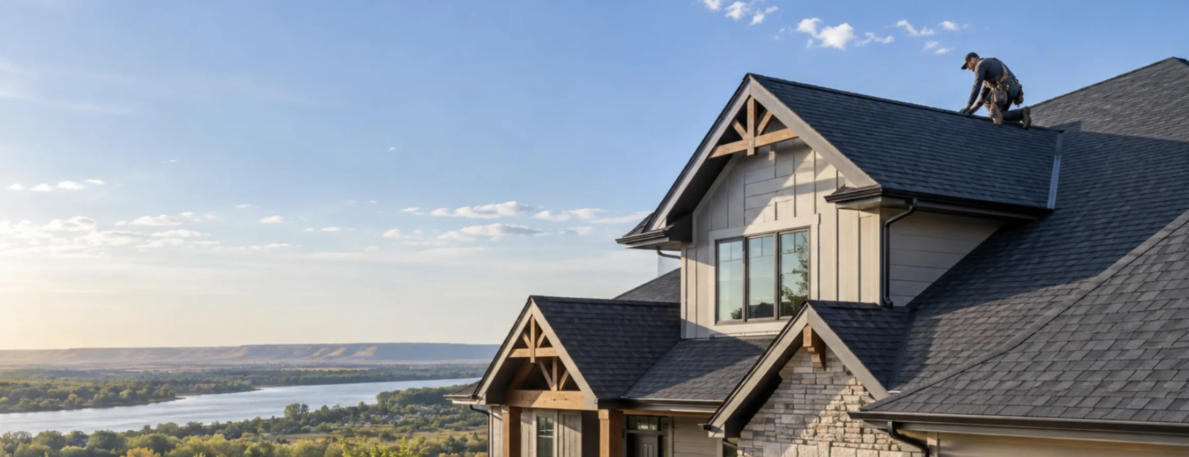 Professional roofer working on a modern residential roof in Bismarck, North Dakota