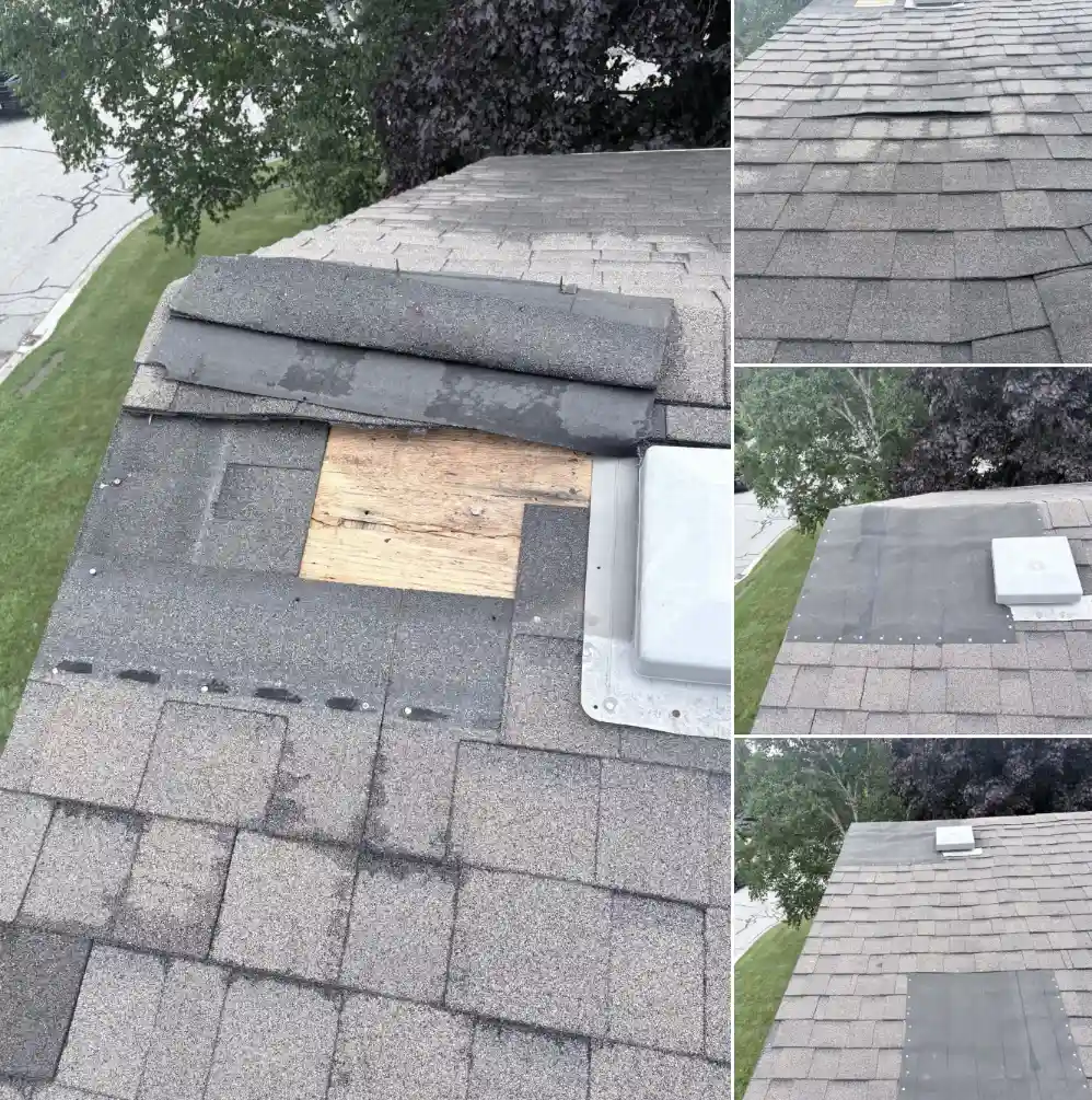 Emergency roof repair in Bismarck, North Dakota, showing before and after repairs of damaged shingles and exposed decking by Bismarck Exterior Pros.