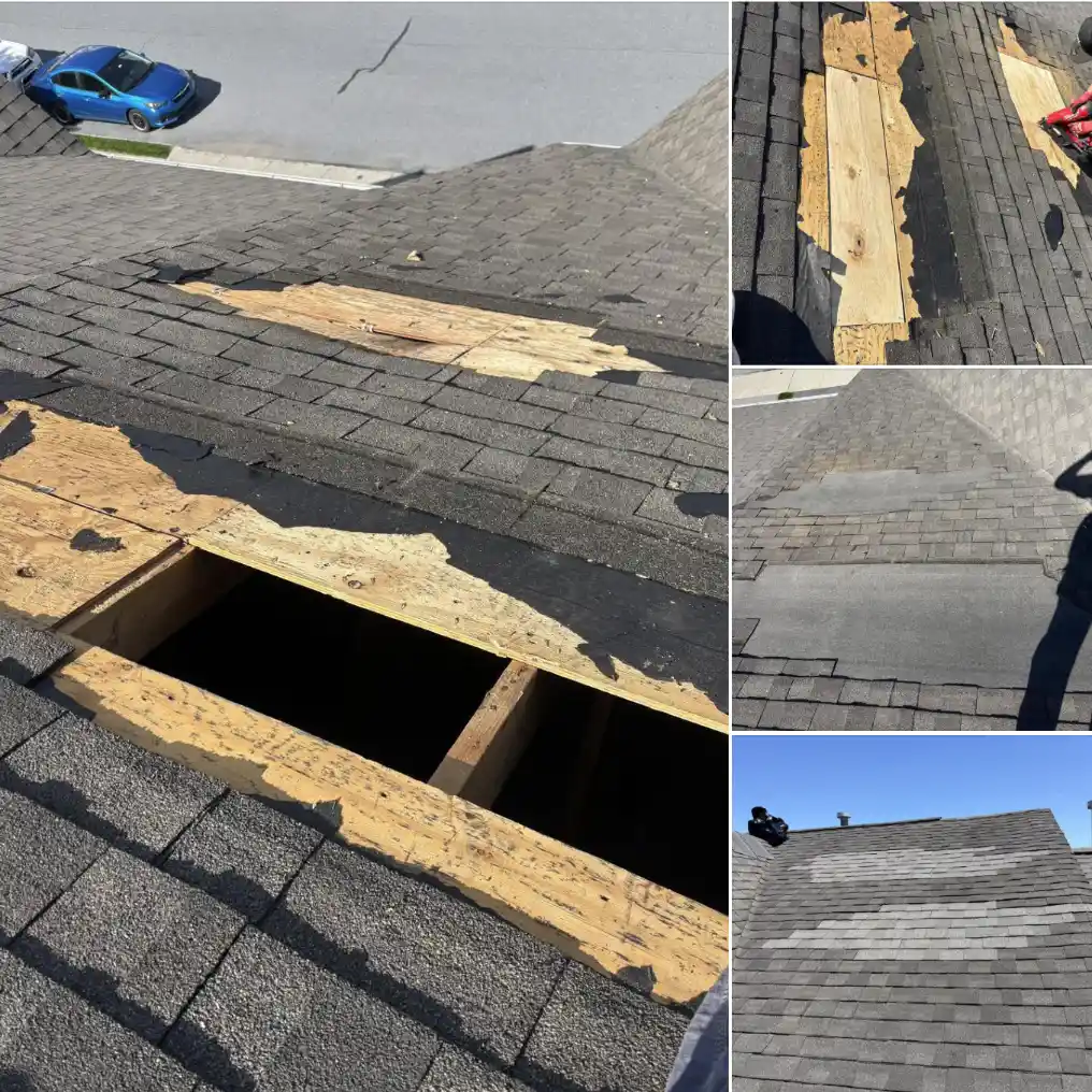 Emergency roof repair in Bismarck, North Dakota, showing a collage of missing shingles, exposed wood decking, a large roof hole, and the completed fix by Bismarck Exterior Pros.