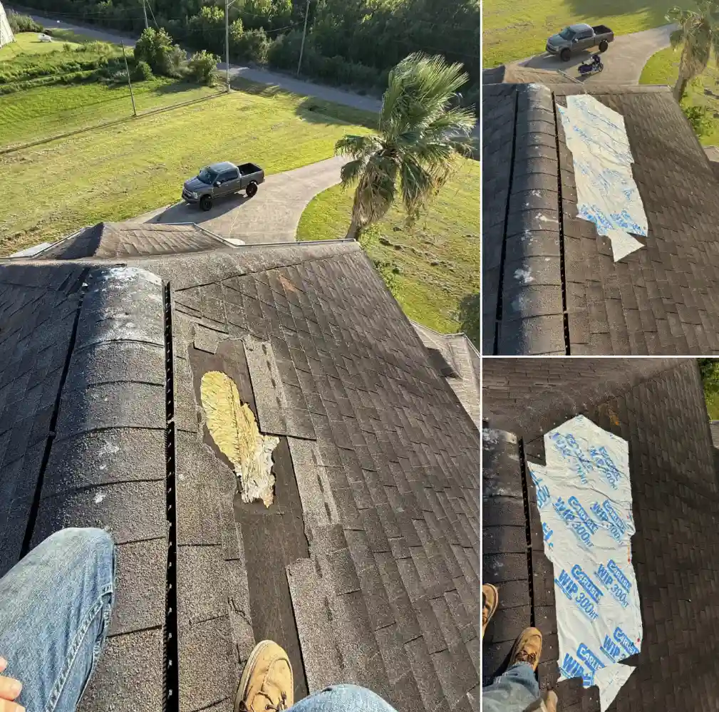 Emergency roof repair in Bismarck, North Dakota, showing temporary underlayment patches and markings on a damaged shingle roof by Bismarck Exterior Pros.
