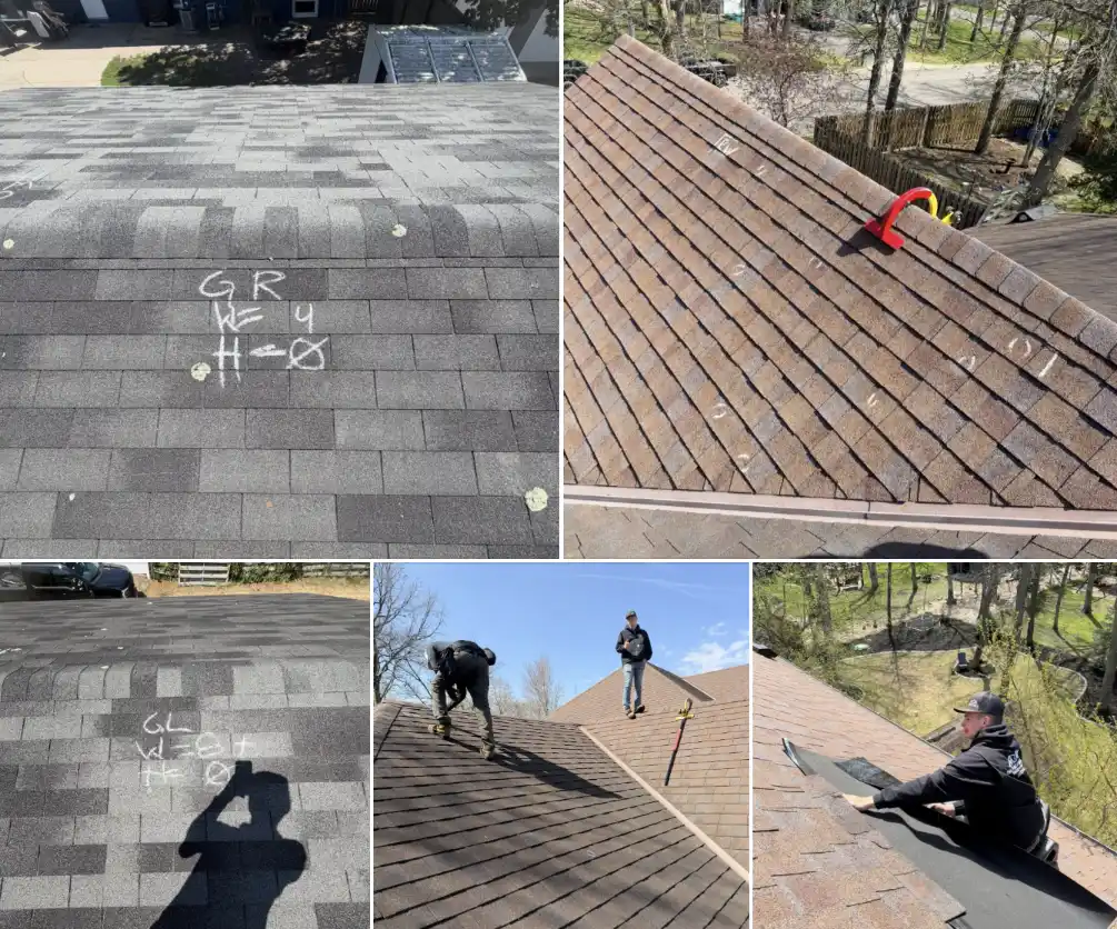Collage of Bismarck, North Dakota roofers inspecting hail damage on residential roofs, showing chalk-marked shingles and repair work by Bismarck Exterior Pros.