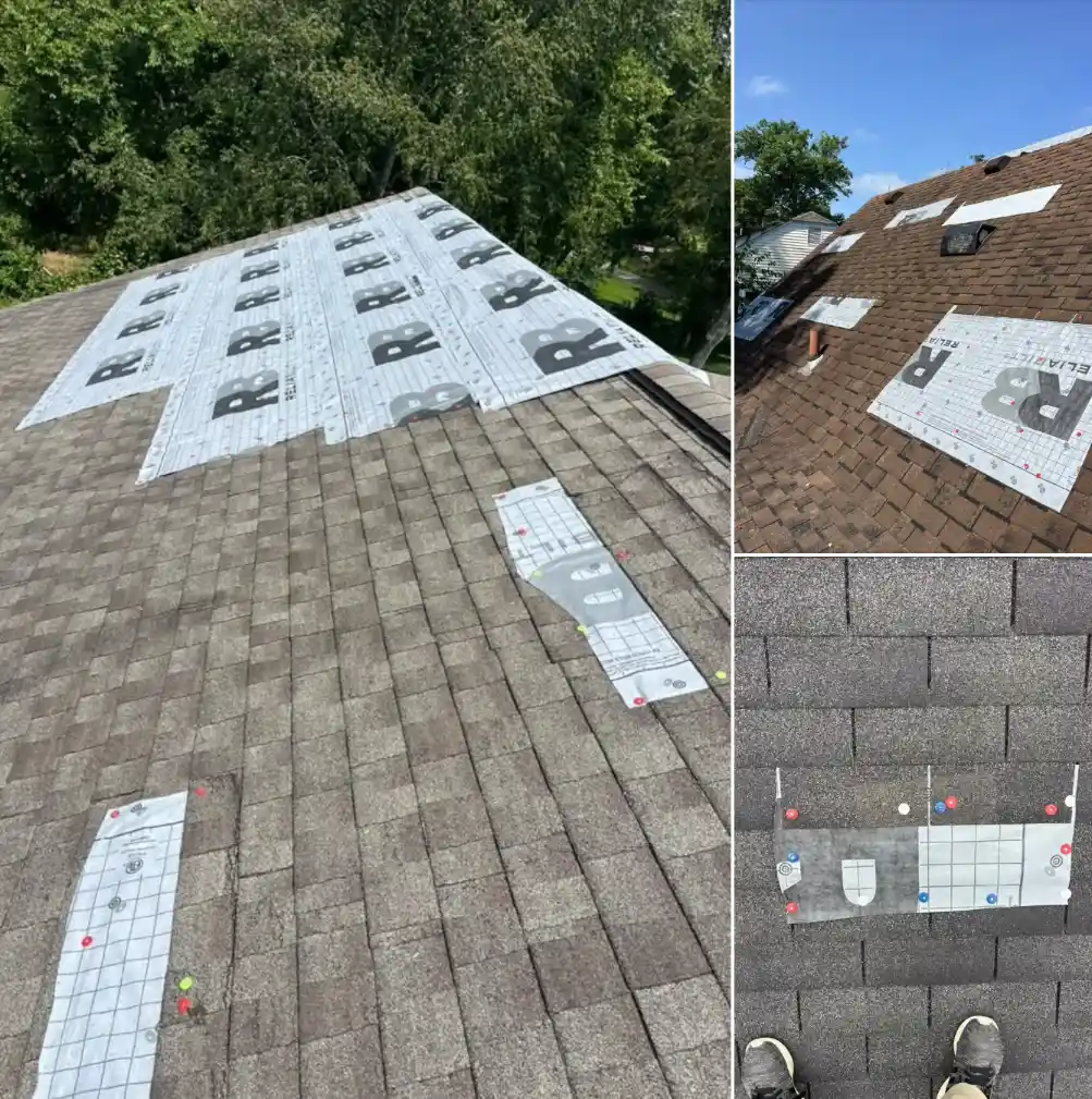 Bismarck, North Dakota roof repair after hail damage, showing temporary underlayment patches and marked areas for shingle replacement by Bismarck Exterior Pros.
