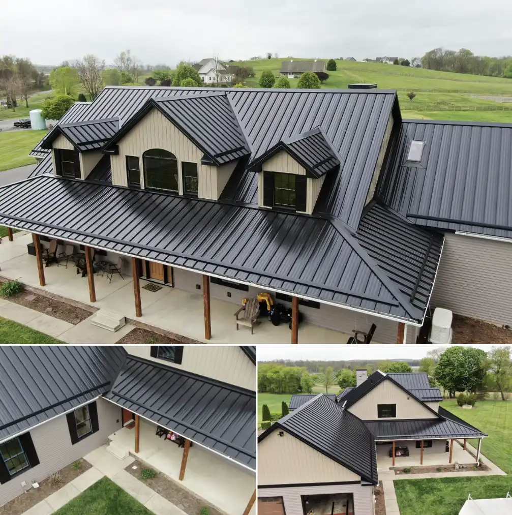 Collage of a Bismarck, North Dakota home with a new black metal standing seam roof, showing exterior views and close-up roof details by Bismarck Exterior Pros.