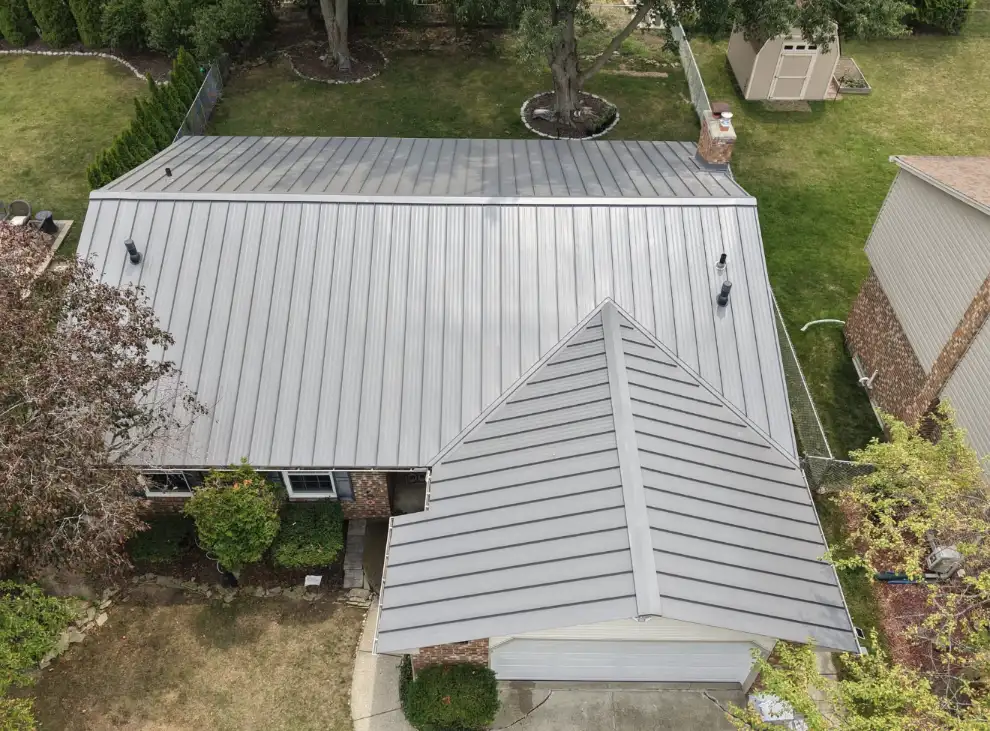 Metal roofing installation aerial view in Bismarck, North Dakota