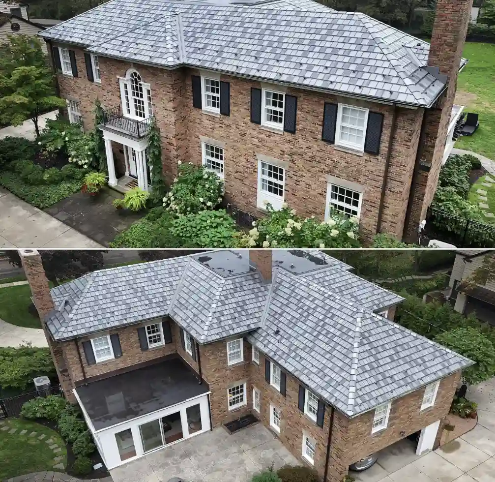 Completed metal shingle roofing installation on a brick home in Bismarck, North Dakota, featuring durable grey metal shingles and chimney flashing by Bismarck Exterior Pros.