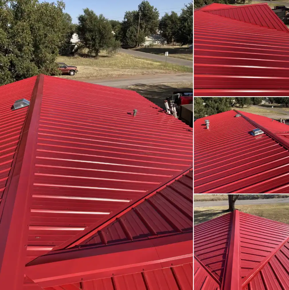 Collage of a red metal roofing installation in Bismarck, North Dakota, showing standing seam panels, ridge caps, and roof vents by Bismarck Exterior Pros.