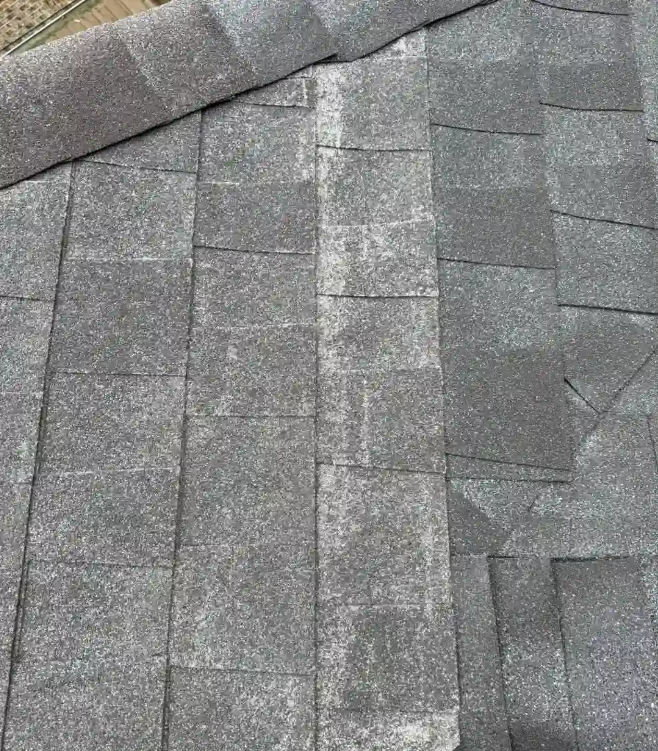 Close-up of asphalt shingle roof showing wear and granule loss during a Bismarck, North Dakota roof inspection by Bismarck Exterior Pros.